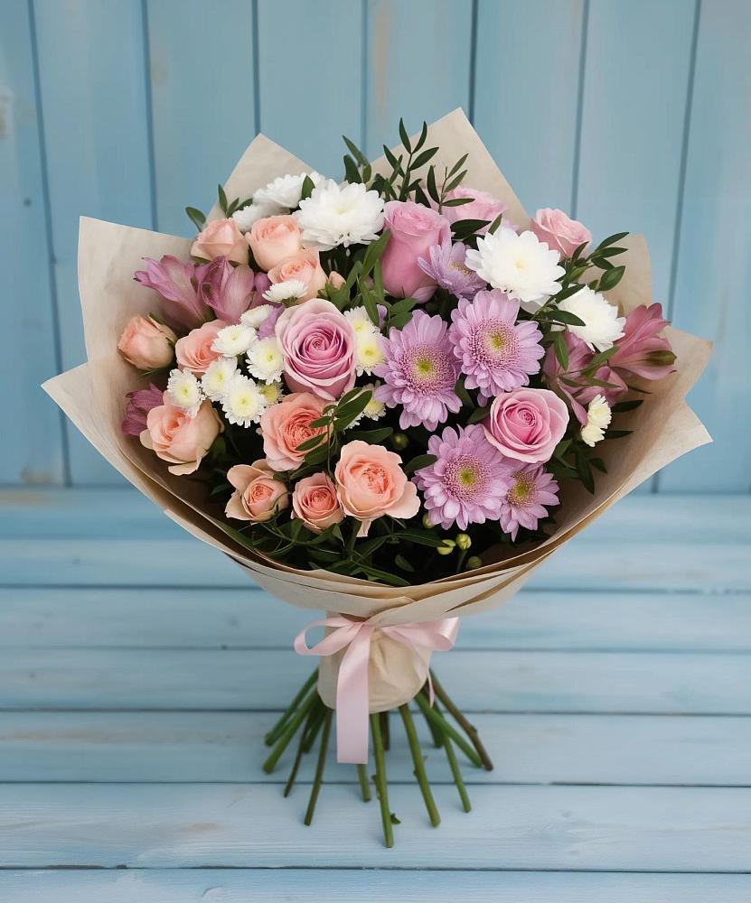 Букет цветов из: Хризантемы, Розы и Альстромерии в Азове
