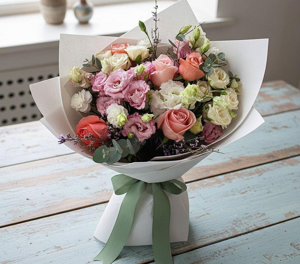 Букет цветов из: Розы, Лизиантусы и Гвоздики в Азове